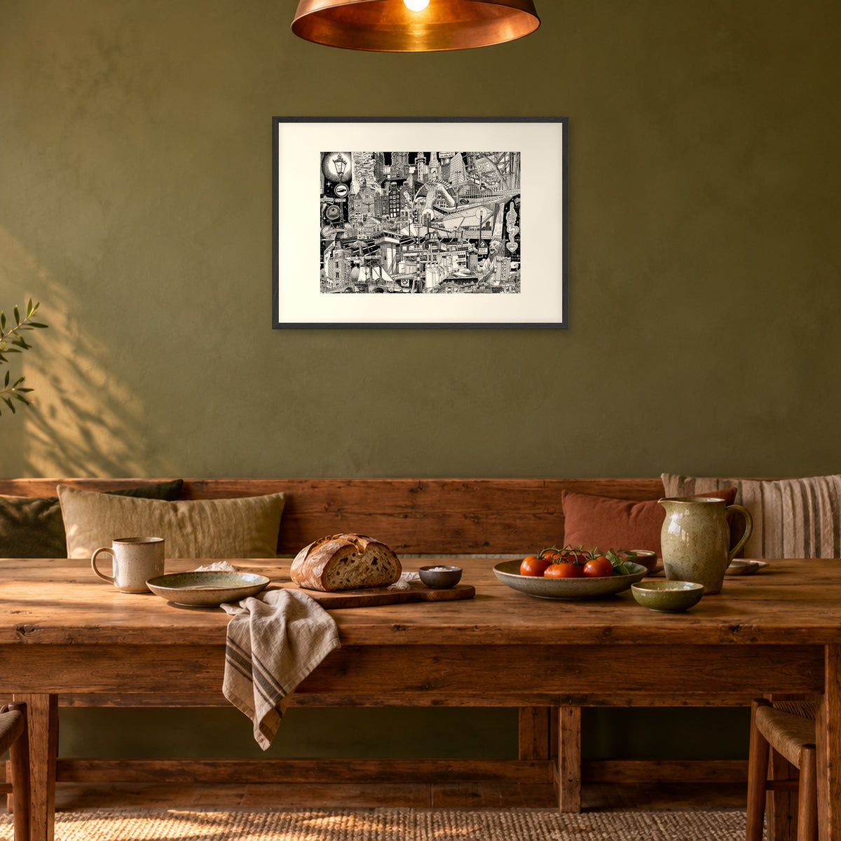 Amsterdam fine art poster A1 landscape in a black wood frame with white passepartout above a dining bench in an olive-green room