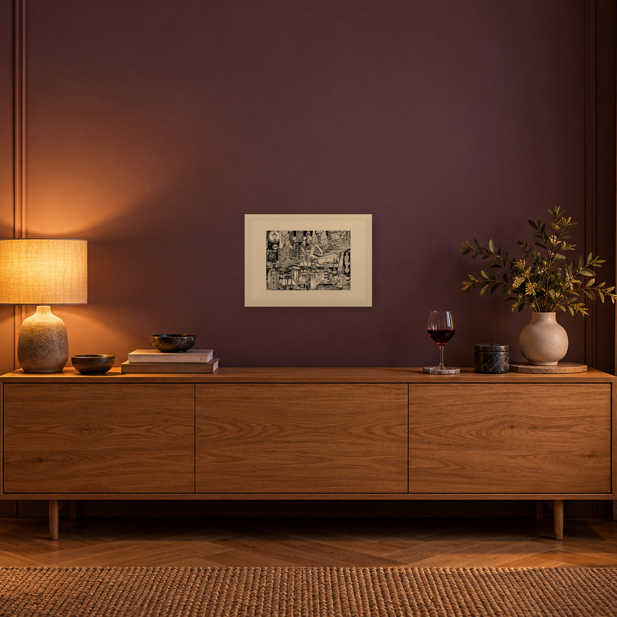 Amsterdam fine art poster A3 landscape in a white wood frame with passepartout above an oak sideboard in evening light