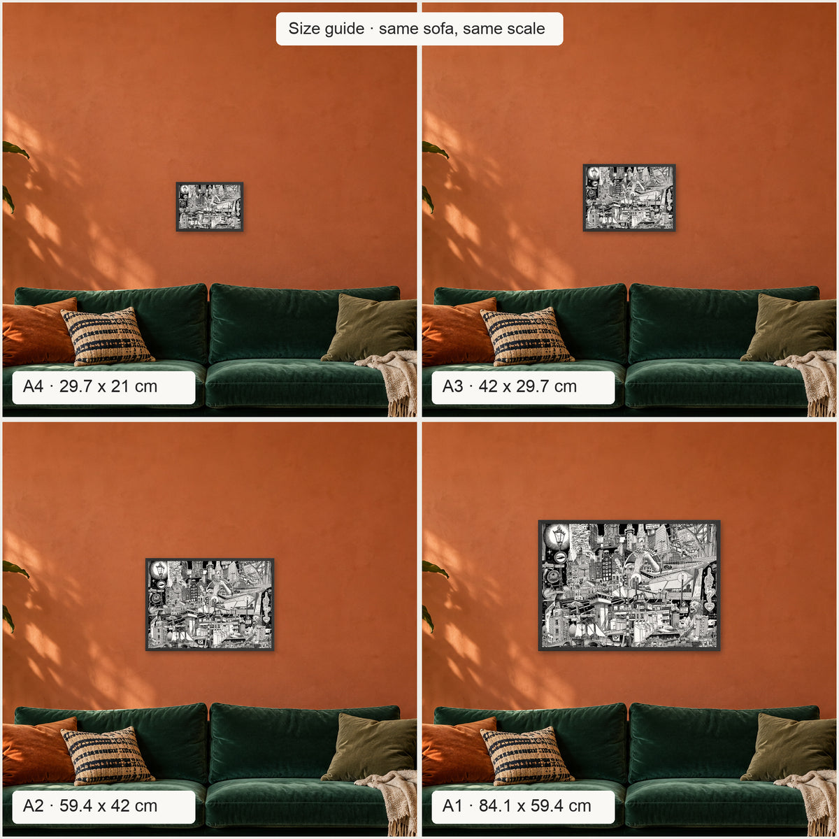 Size guide: Amsterdam landscape poster in A4, A3, A2 and A1 above the same sofa, to scale