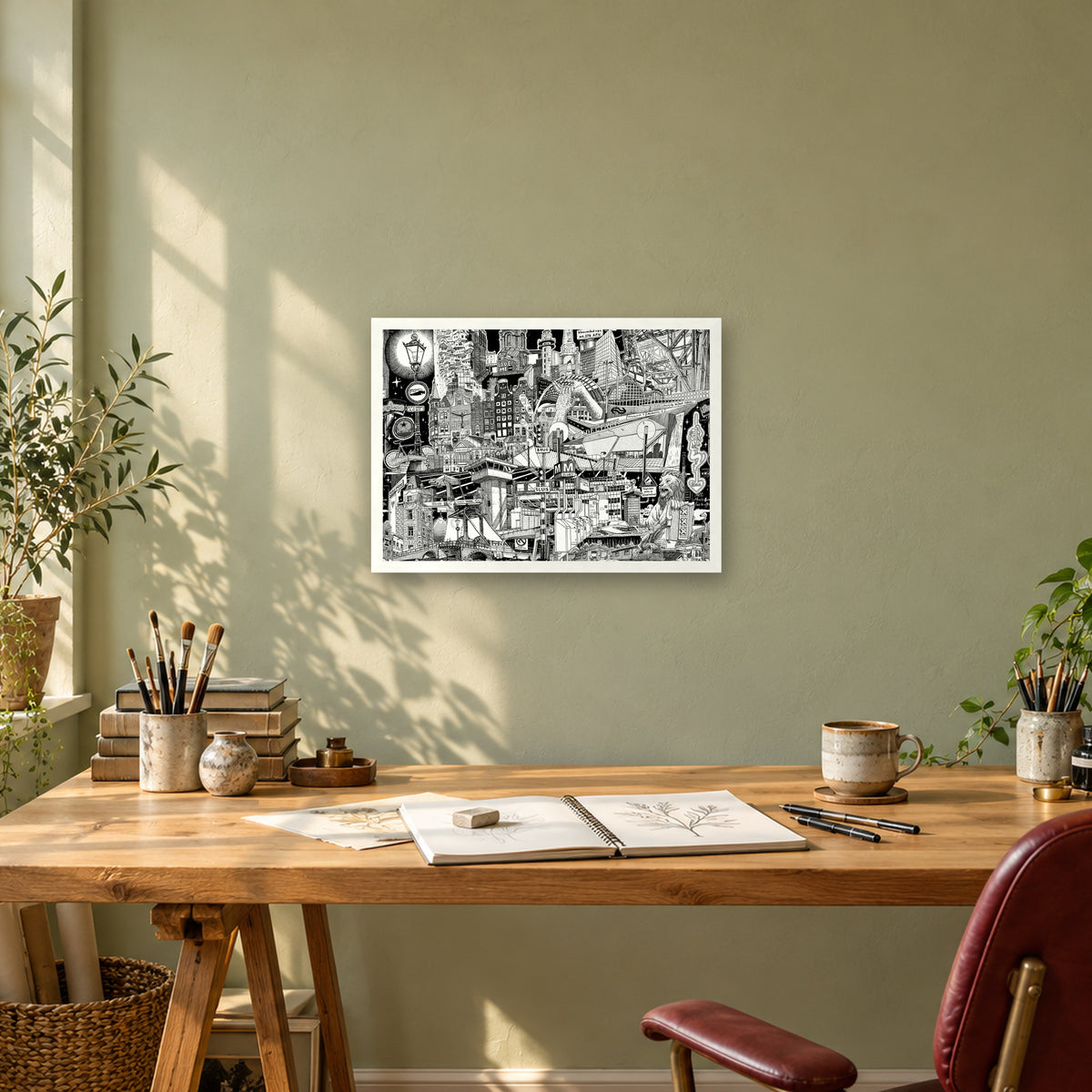 Amsterdam fine art poster A3 landscape in a white wood frame above a drawing desk in a sage-green studio