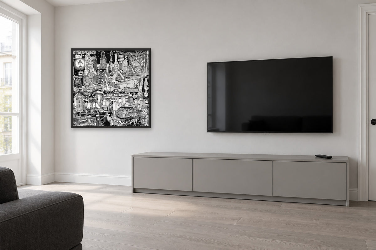 Amsterdam fine art poster 70 × 70 cm in a black wood frame in a living room next to a TV