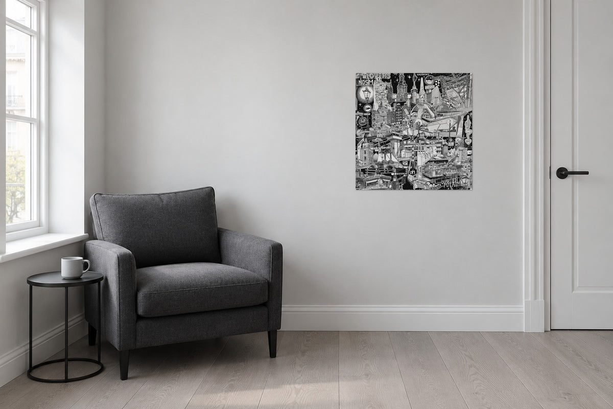 Unframed Amsterdam fine art poster 50 × 50 cm in a reading corner with an armchair