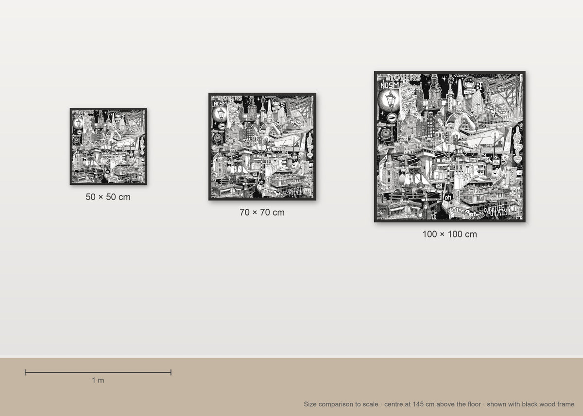 Size comparison of the Amsterdam fine art poster in 50 × 50, 70 × 70 and 100 × 100 cm, to scale on a wall