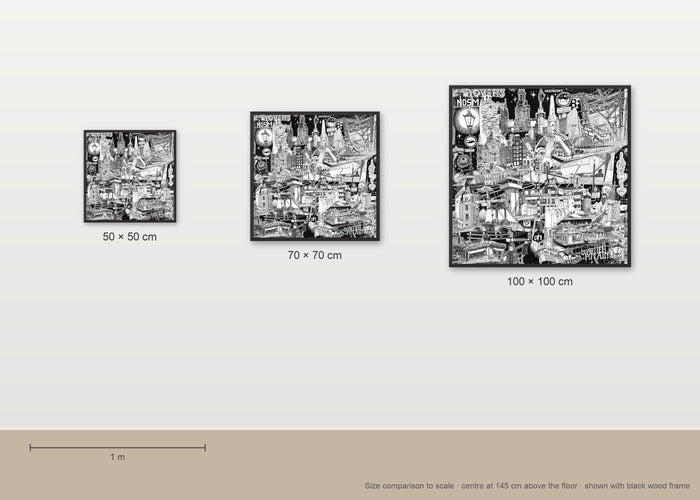 Size comparison of the Amsterdam fine art poster in 50 × 50, 70 × 70 and 100 × 100 cm, to scale on a wall