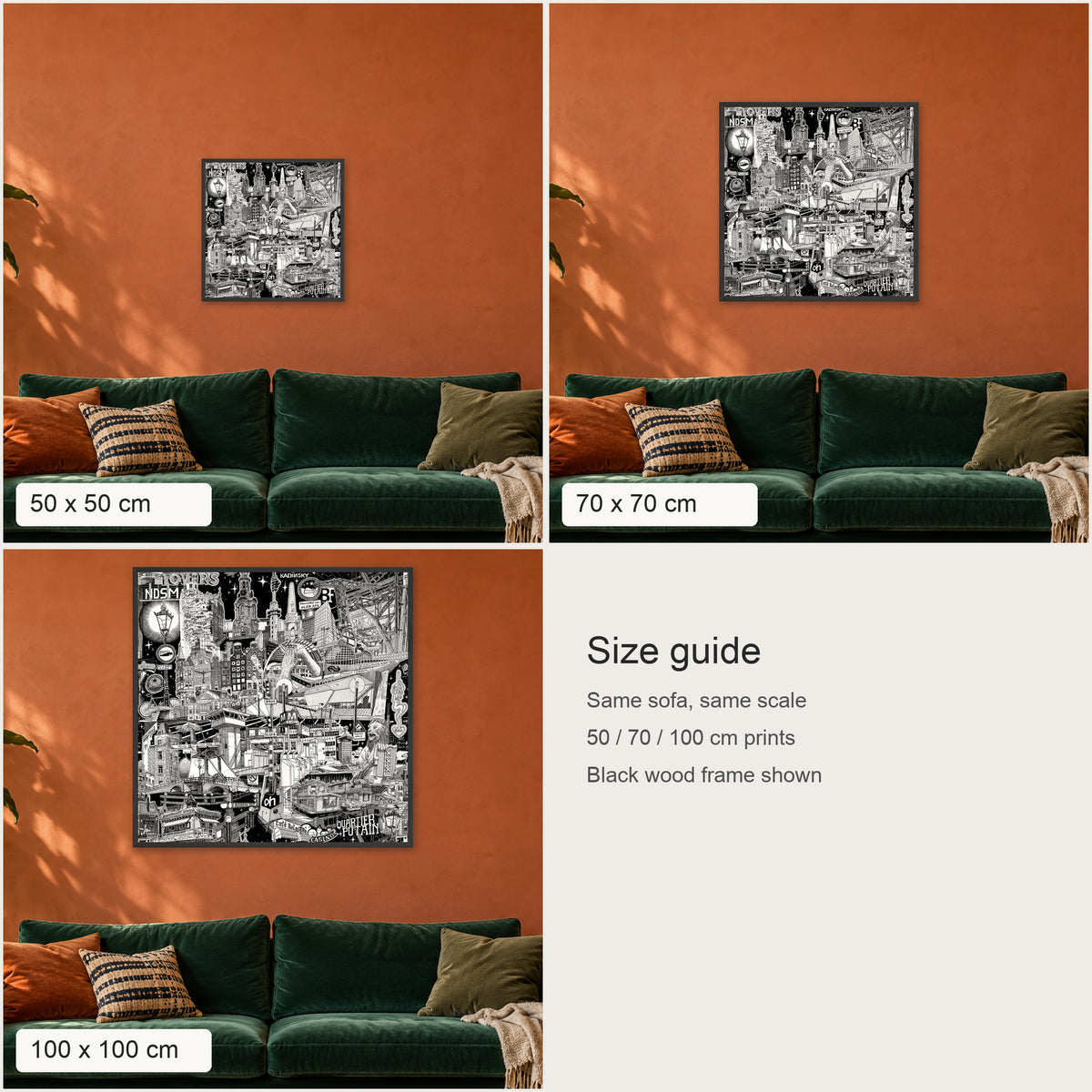 Size guide: Amsterdam fine art poster in 50 × 50, 70 × 70 and 100 × 100 cm above the same sofa, to scale