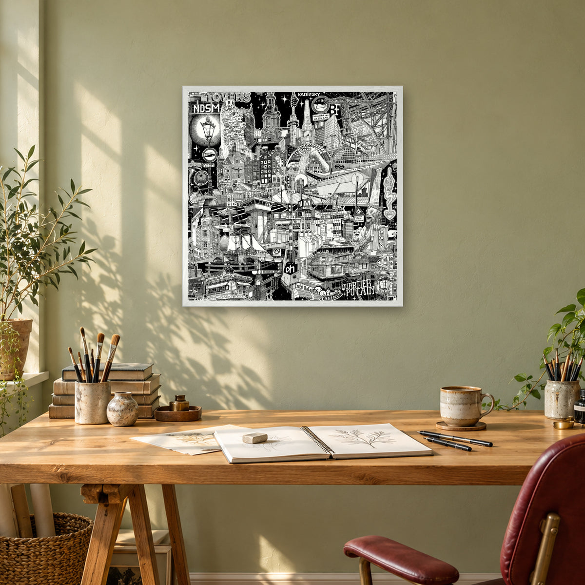 Amsterdam fine art poster 50 × 50 cm in a white wood frame above a drawing desk in a sage-green studio