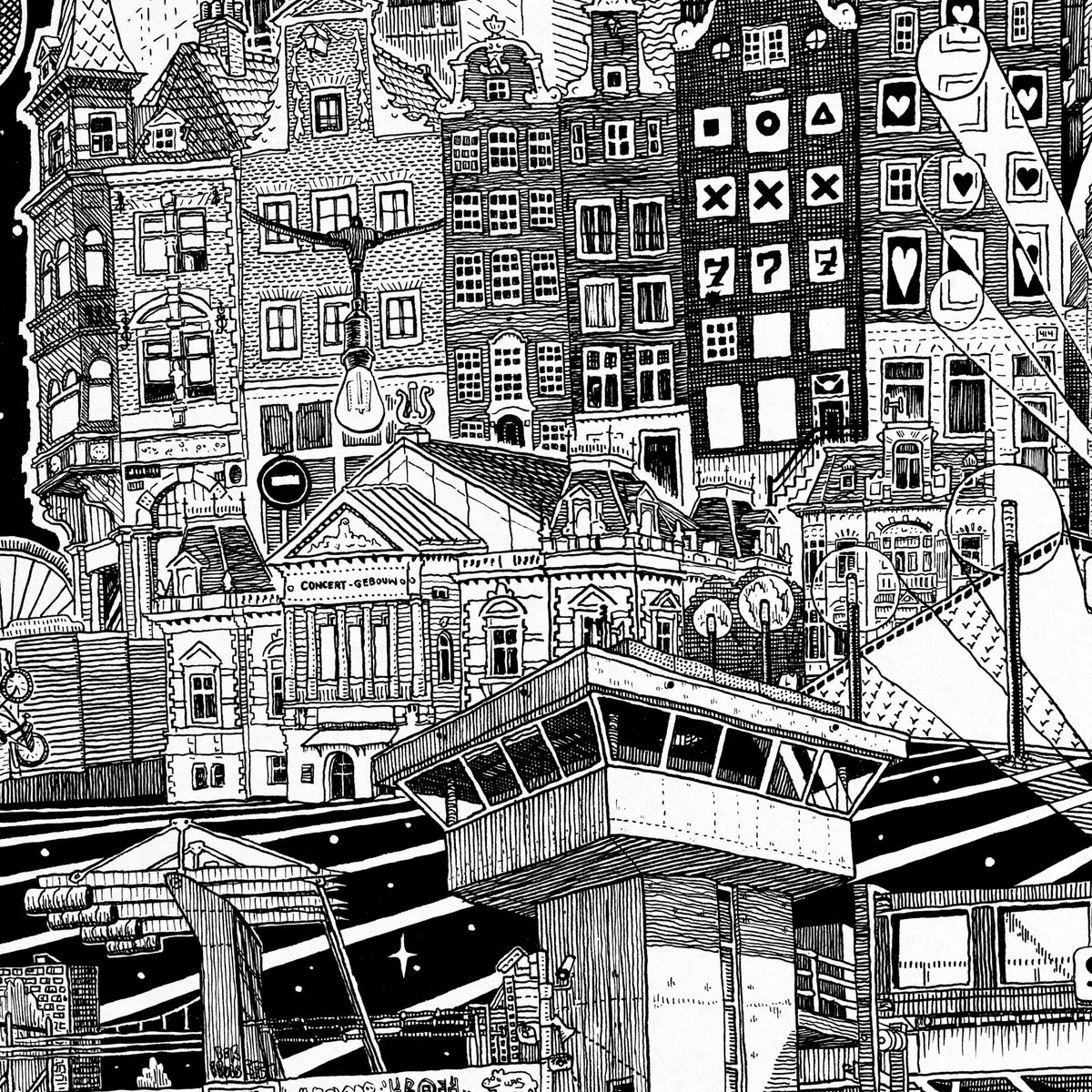 Close-up of the Amsterdam pen and ink drawing printed on matte 230 g/m² fine art paper