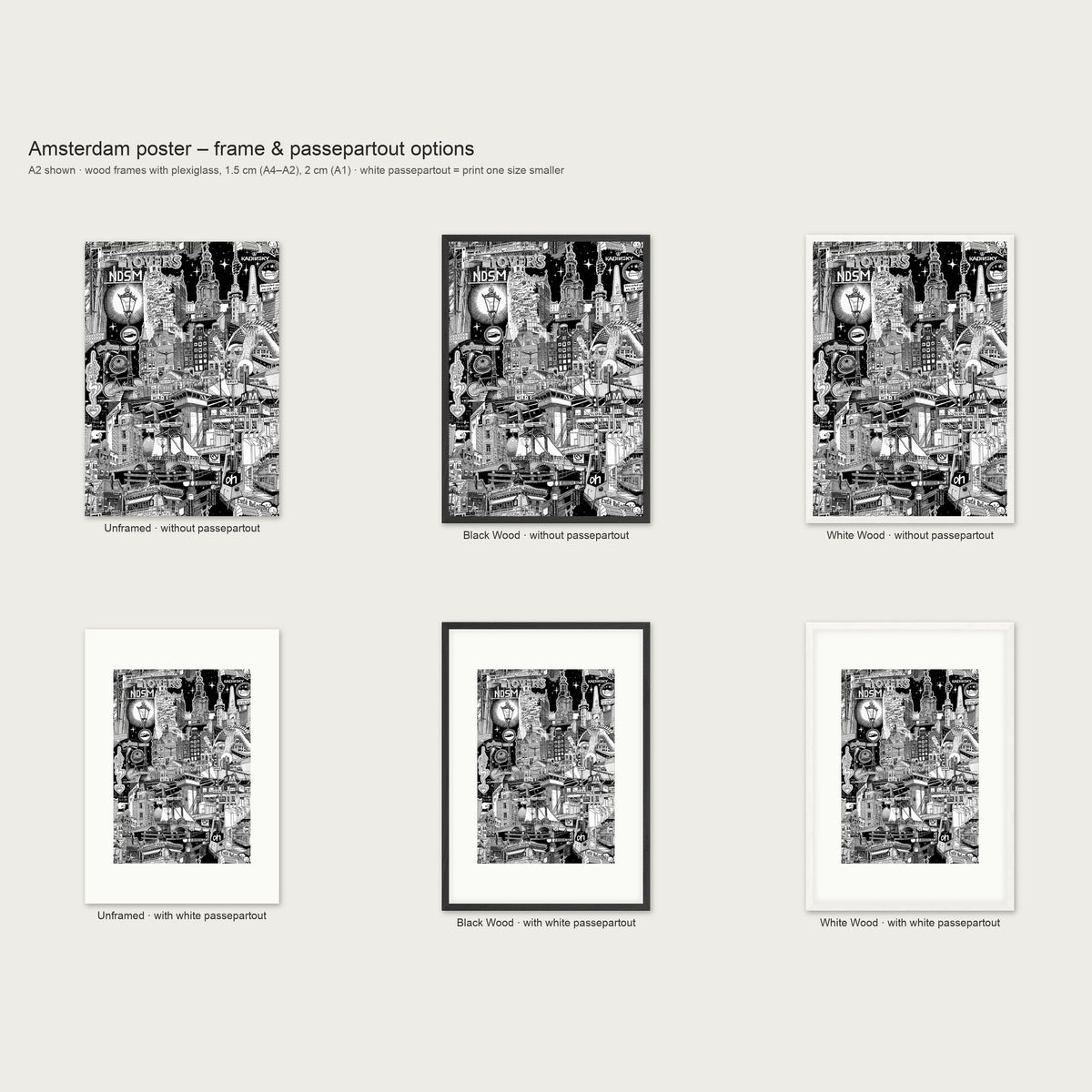 Frame and passepartout options for the Amsterdam portrait poster: unframed, black wood or white wood, with or without white passepartout