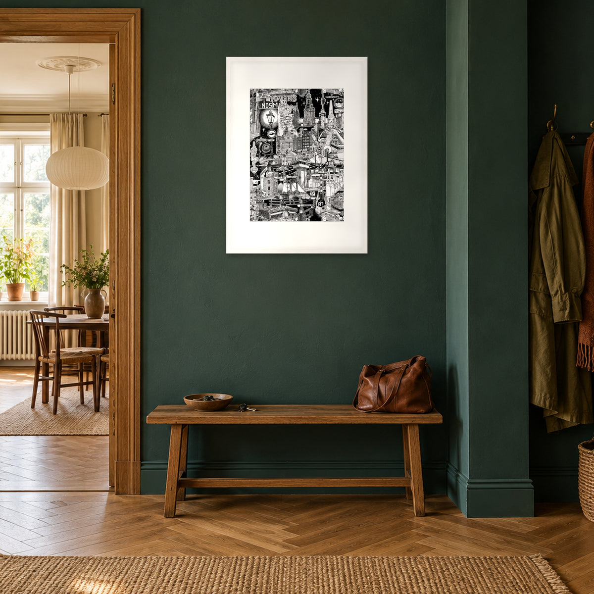 Amsterdam fine art poster A1 portrait in a white wood frame with white passepartout in a petrol-green hallway above an oak bench