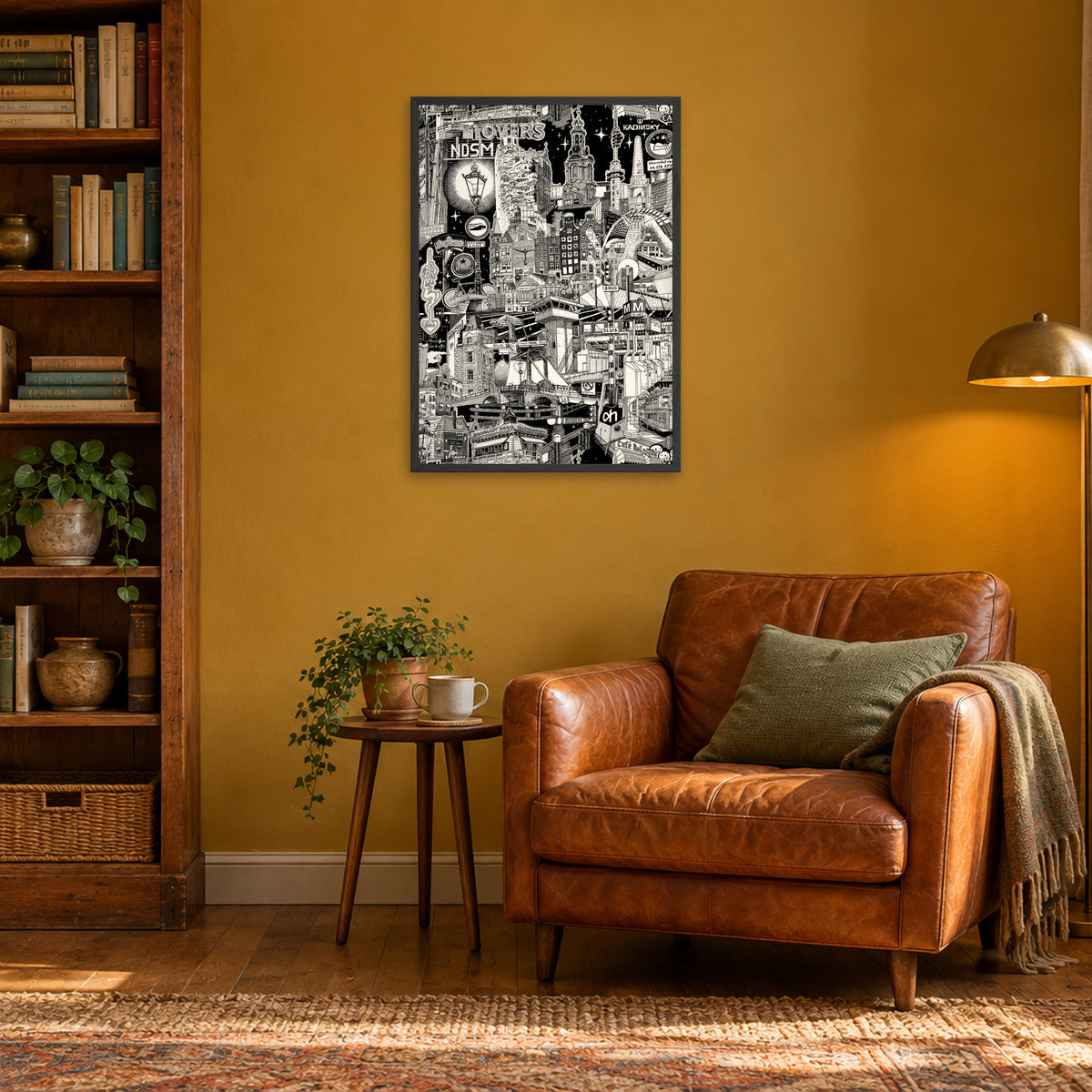 Amsterdam fine art poster A1 portrait in a black wood frame above a leather armchair in a mustard-yellow reading corner