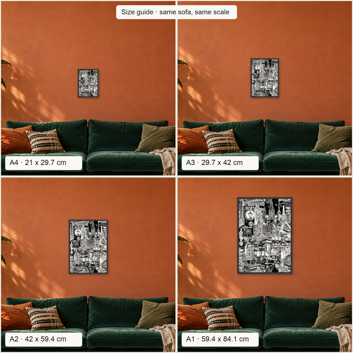 Size guide: Amsterdam portrait poster in A4, A3, A2 and A1 above the same sofa, to scale