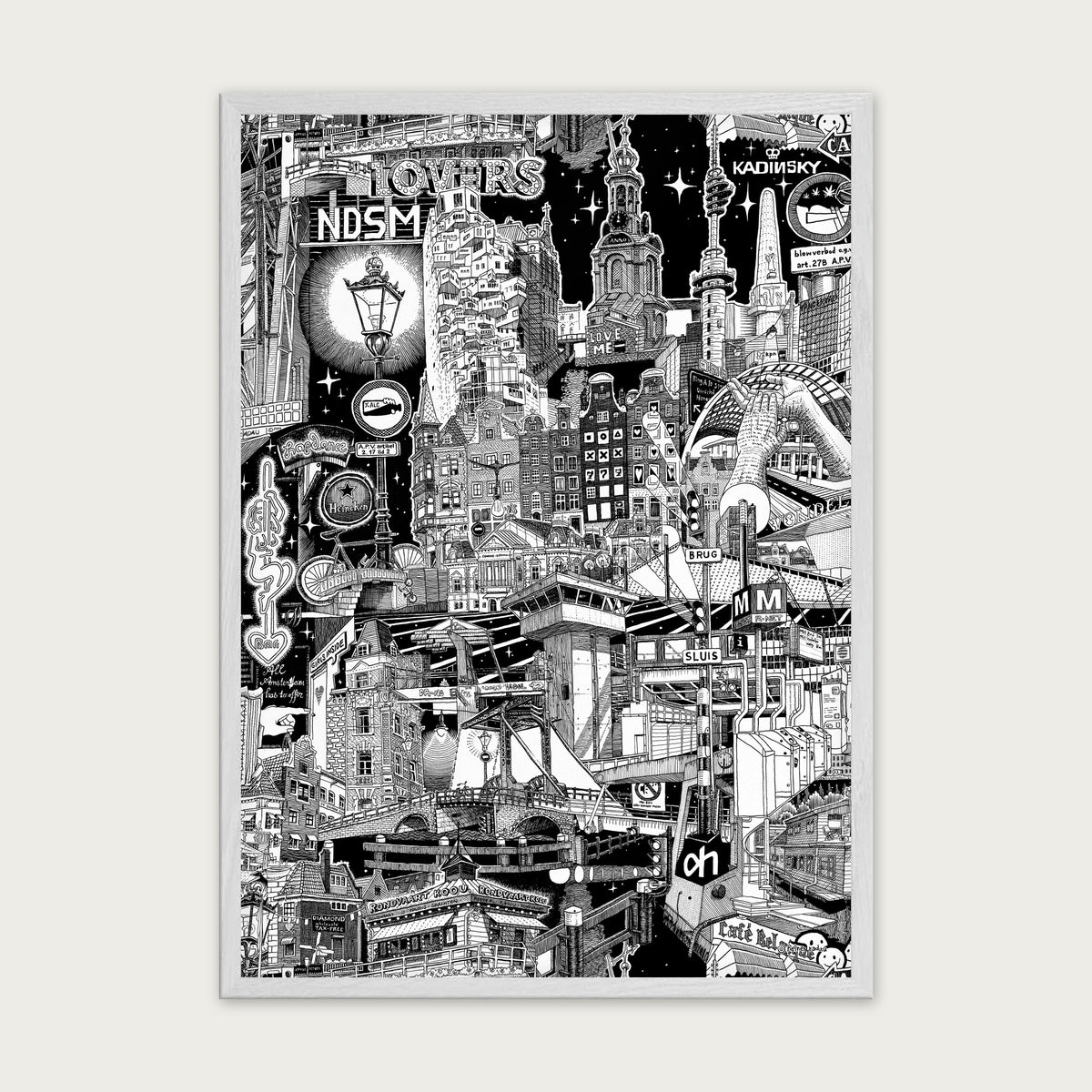 Amsterdam fine art poster portrait in a white wood frame with plexiglass