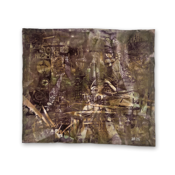 Amsterdam Unique Experimental Screenprint in Camo — a one-of-a-kind hand-pulled silkscreen print with layered camo textures and Amsterdam city elements.