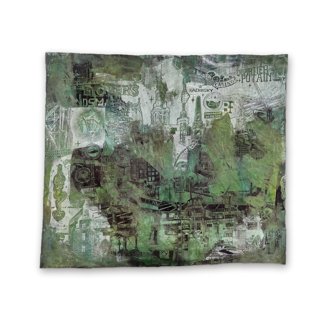 Amsterdam Unique Experimental Screenprint in Green — a one-of-a-kind hand-pulled silkscreen print with vibrant green tones and Amsterdam urban motifs.