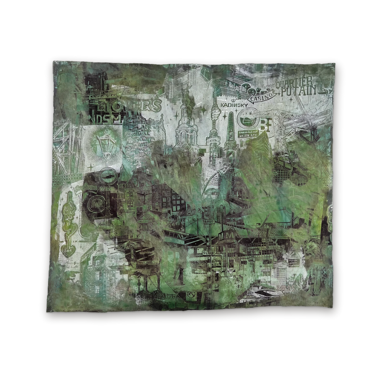 Amsterdam Unique Experimental Screenprint in Green — a one-of-a-kind hand-pulled silkscreen print with vibrant green tones and Amsterdam urban motifs.