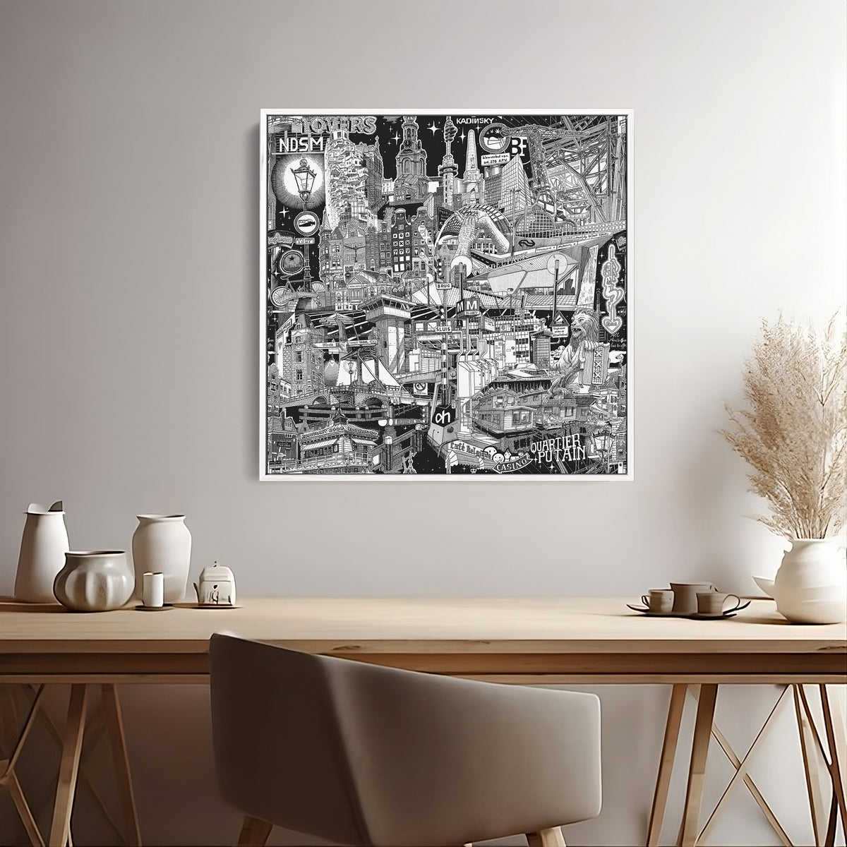 A minimalist black-and-white Amsterdam city portrait, drawn live in the streets, framed with white for a fresh, modern look.