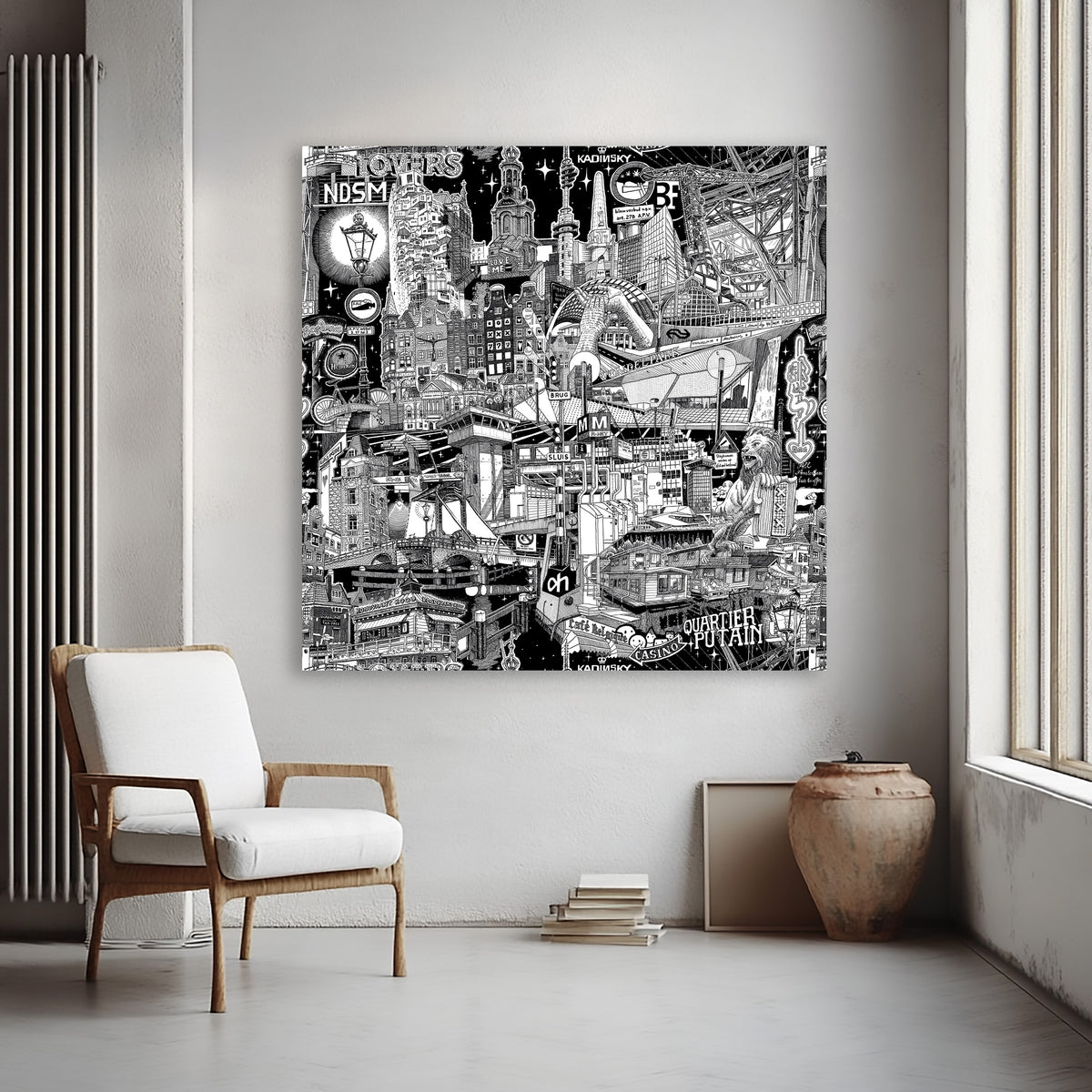 A striking 120x120 cm Amsterdam cityscape, hand-drawn in black and white, perfect for anyone who wants a bold urban statement in their home.