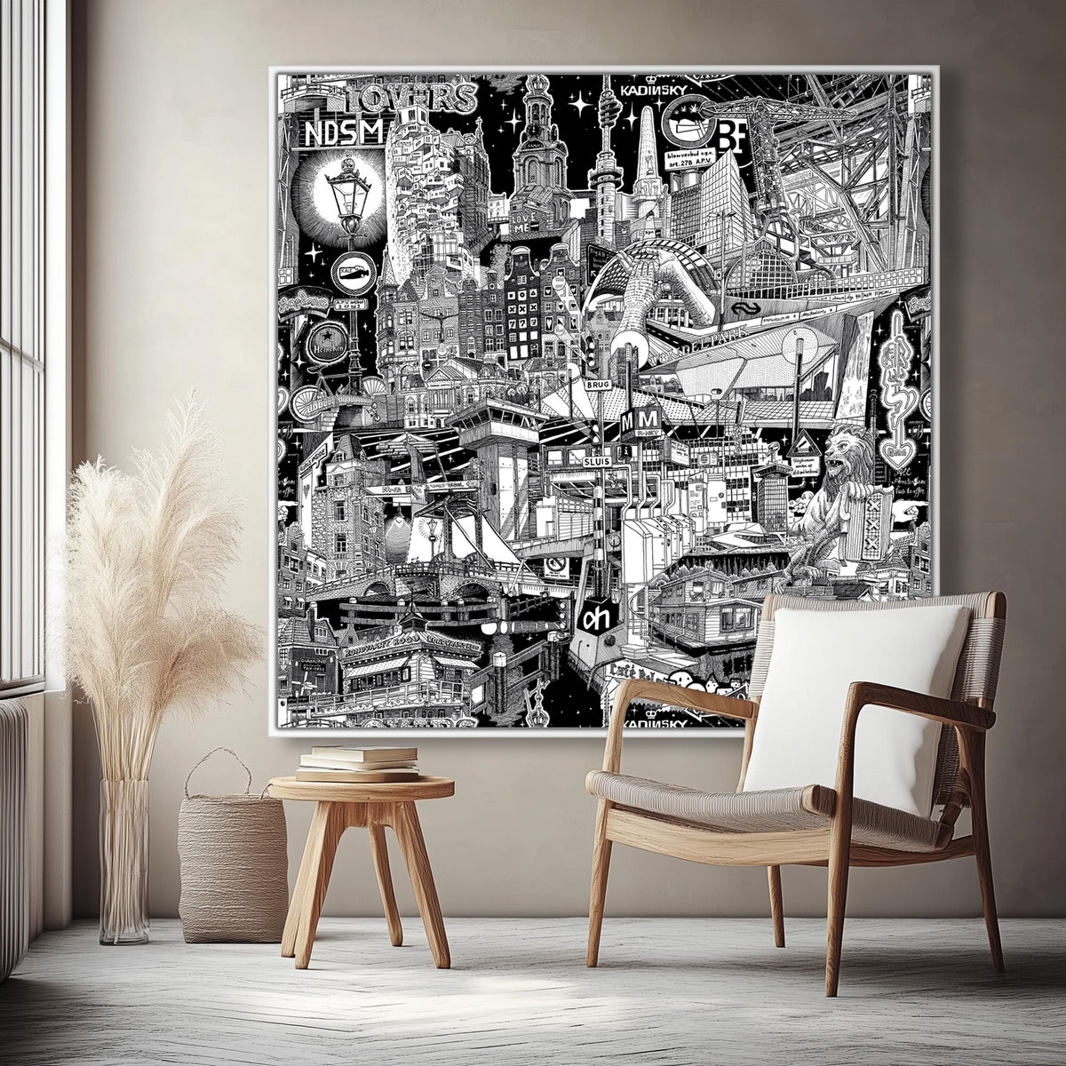 A massive black-and-white cityscape of Amsterdam, framed in white, for a modern, sleek look that showcases the city’s unique character.