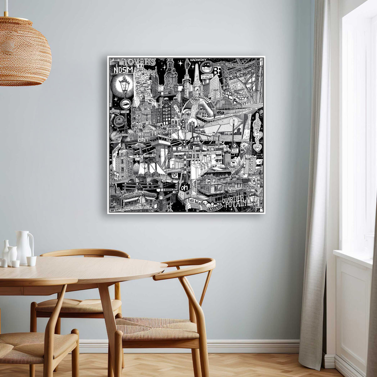 80 cm Amsterdam canvas in a white frame, a hand-drawn black-and-white cityscape showcasing Dutch canals, bikes and iconic Amsterdam architecture.