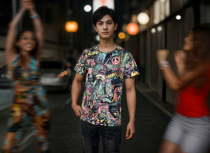 Model wearing colorful Berlin all over print T-shirt in an urban scene