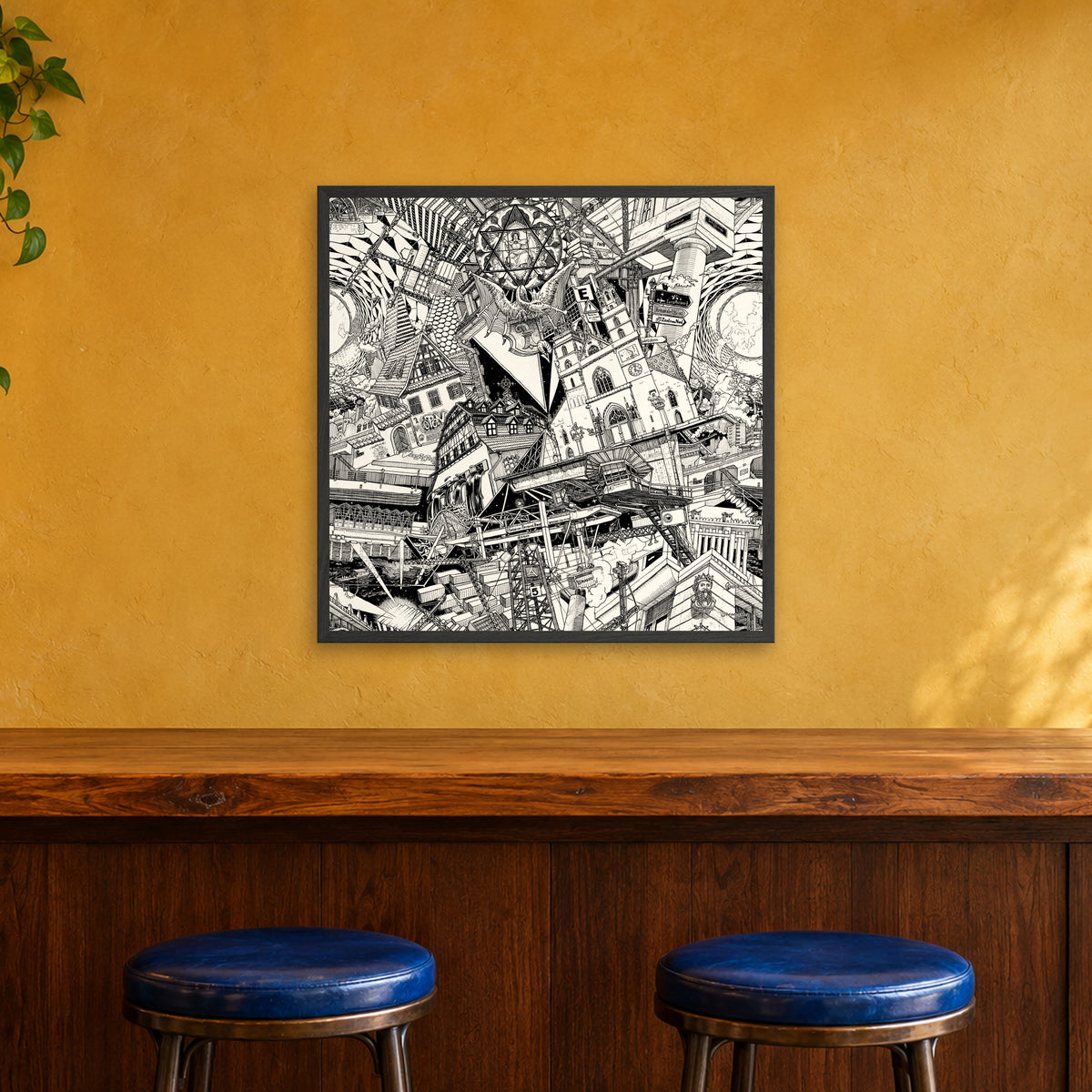 Basel fine art poster 70 × 70 cm in a black wood frame above the counter of a café bar