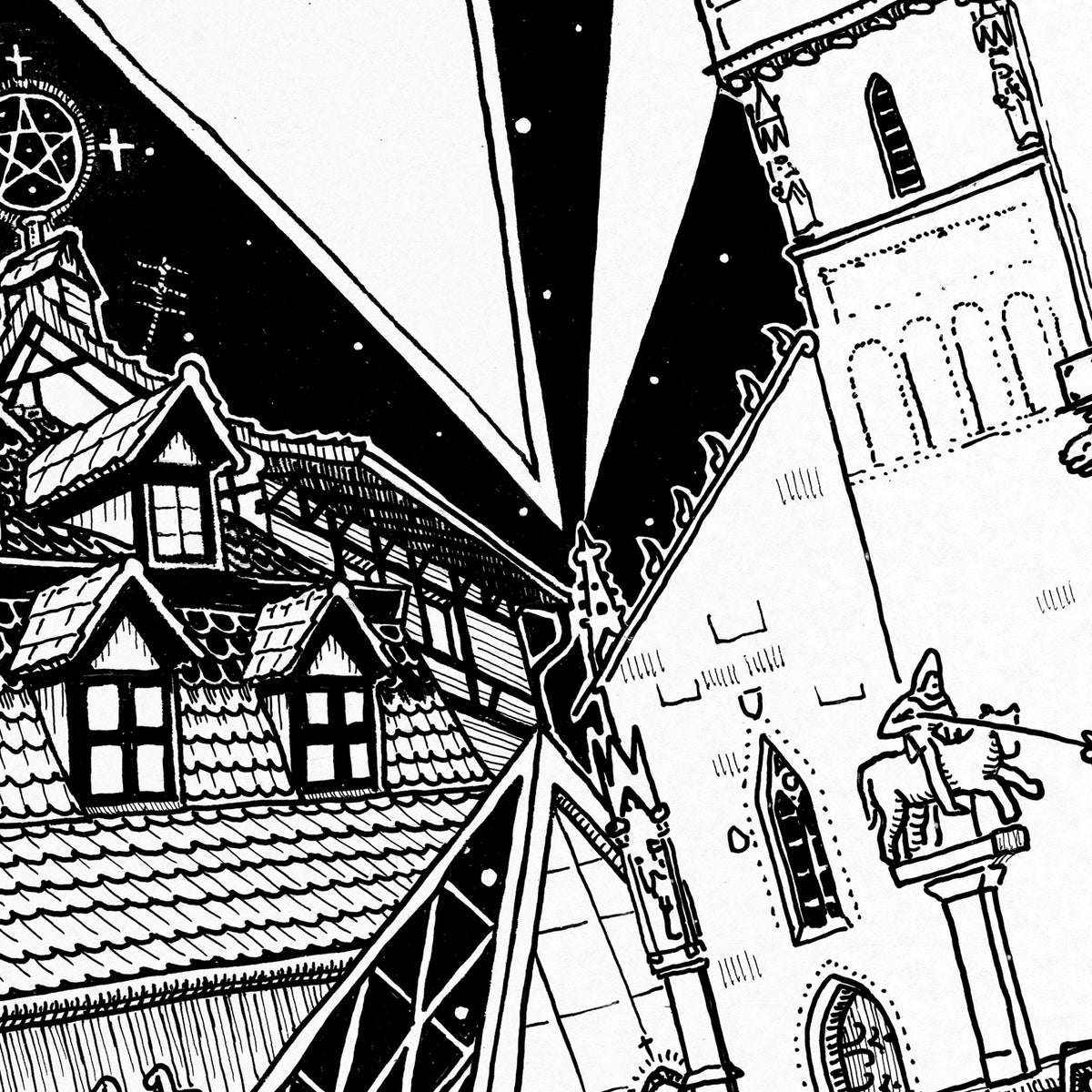 Close-up of the Basel pen and ink drawing printed on matte 230 g/m² fine art paper