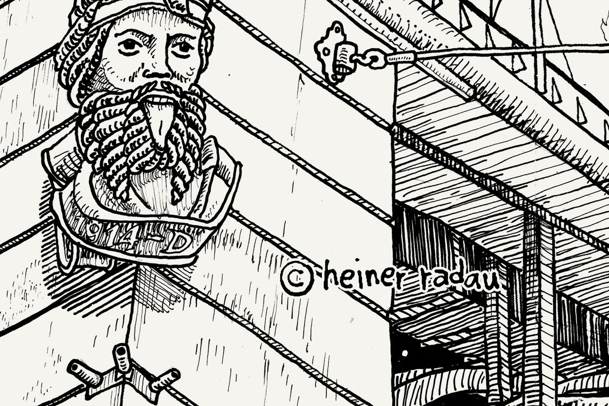 Close-up of the Basel ink drawing with the hand-written © heiner radau signature in the lower right corner