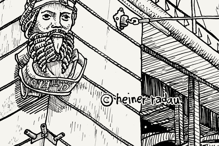 Close-up of the Basel ink drawing with the hand-written © heiner radau signature in the lower right corner