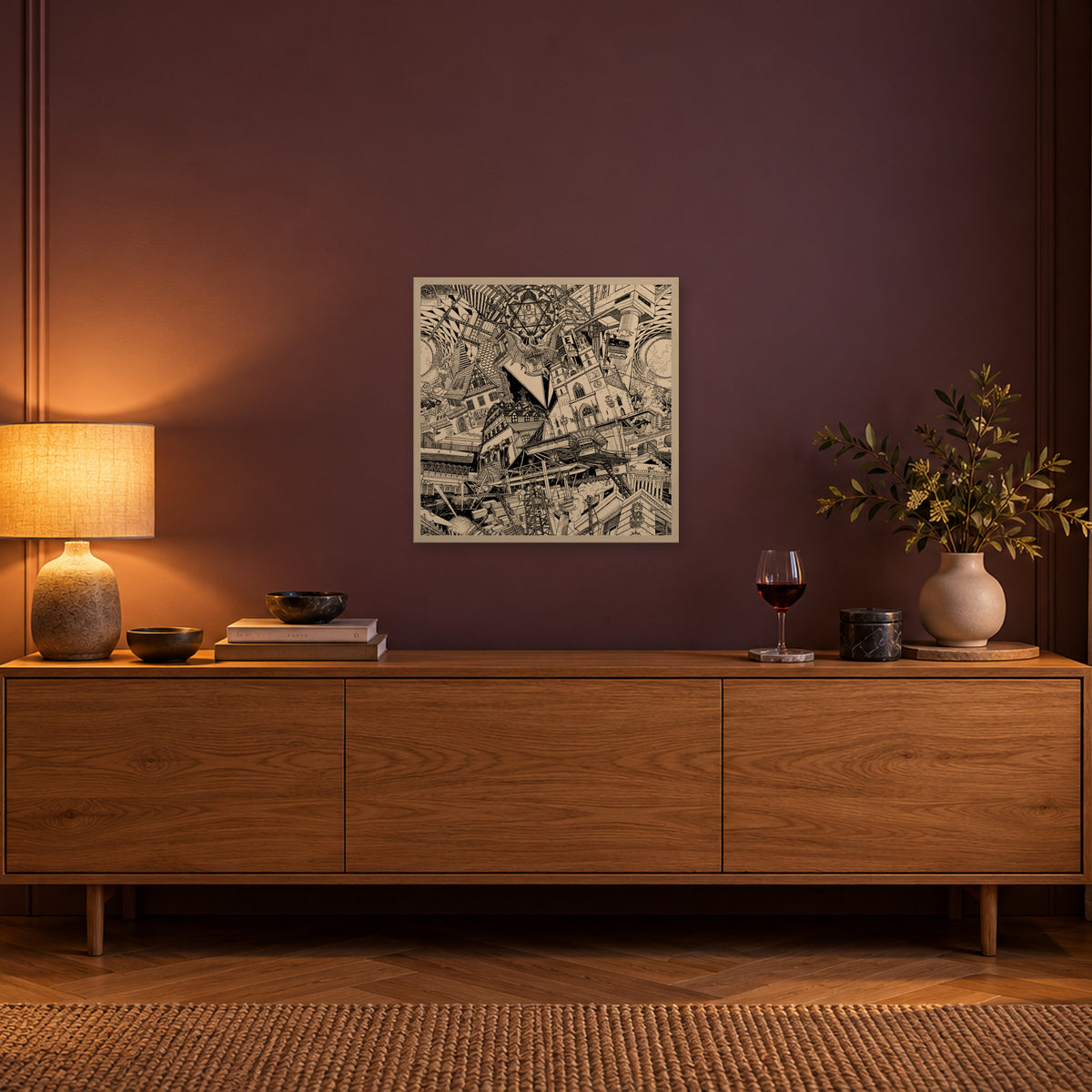 Basel fine art poster 50 × 50 cm in a white wood frame above an oak sideboard in warm evening light