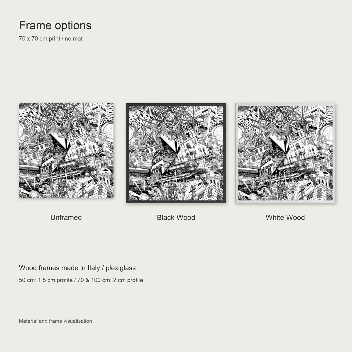 Frame options for the Basel fine art poster: unframed, black wood or white wood frame with plexiglass