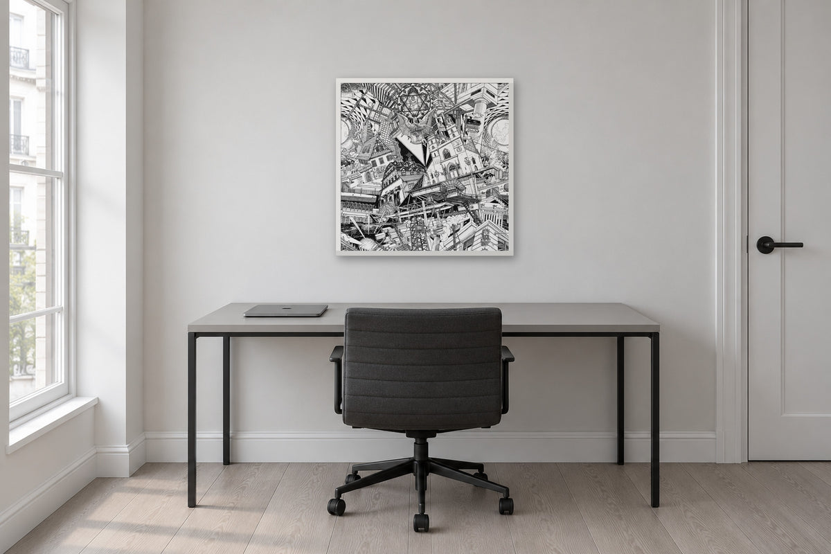 Basel fine art poster 50 × 50 cm in a white wood frame above a desk in a home office
