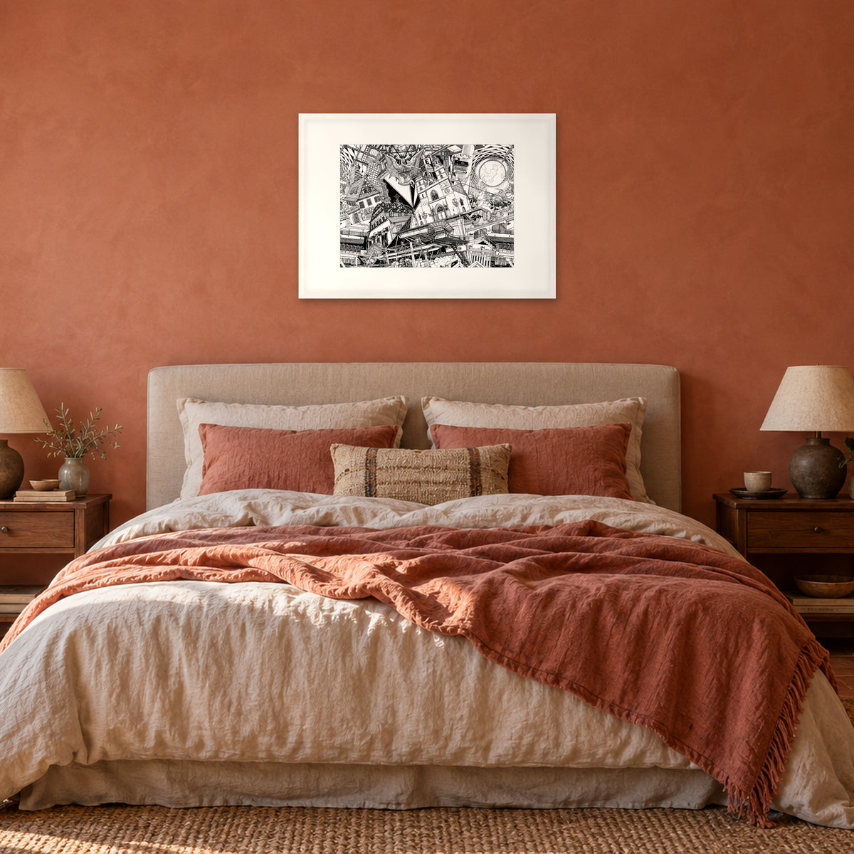 Basel fine art poster A1 landscape in a white wood frame with white passepartout above the headboard in a terracotta bedroom