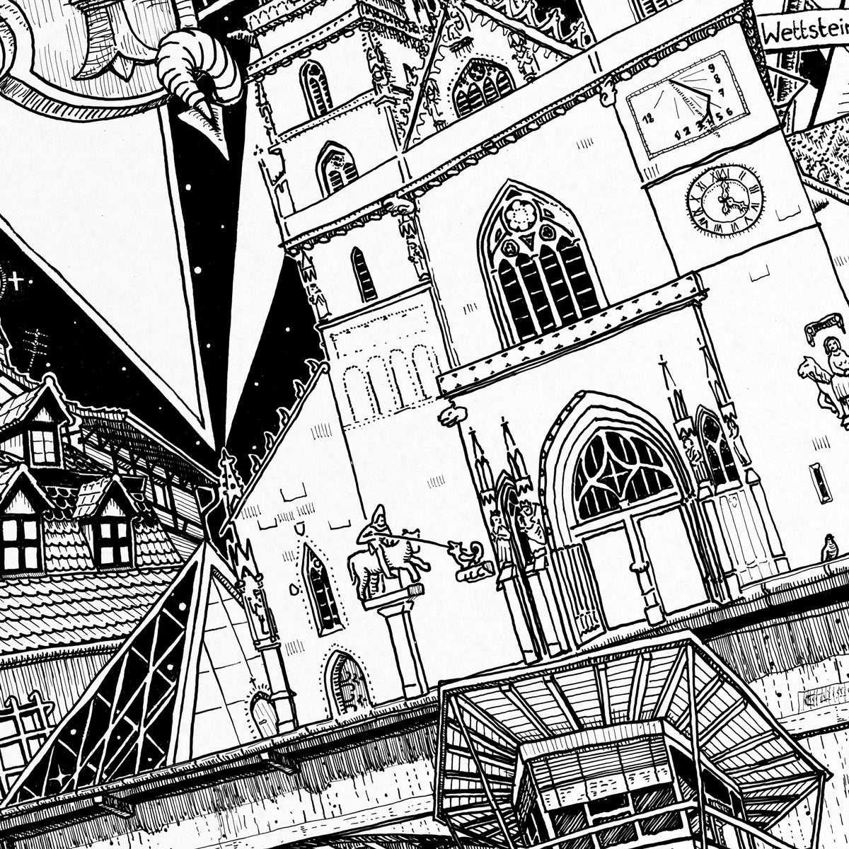 Close-up of the Basel pen and ink drawing printed on matte 230 g/m² fine art paper