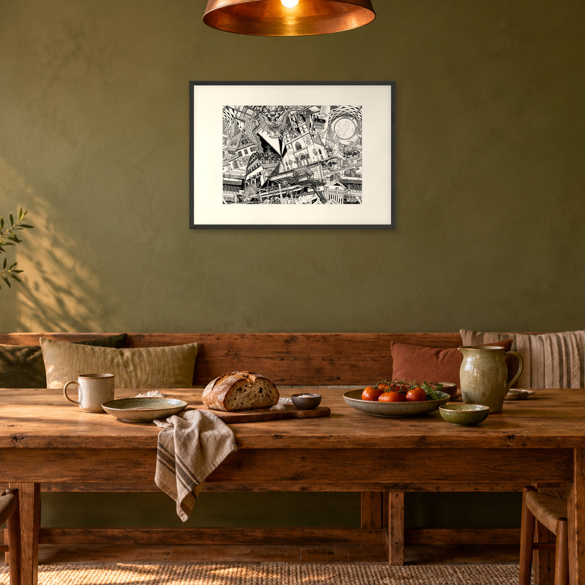 Basel fine art poster A1 landscape in a black wood frame with white passepartout above a dining bench in an olive-green room