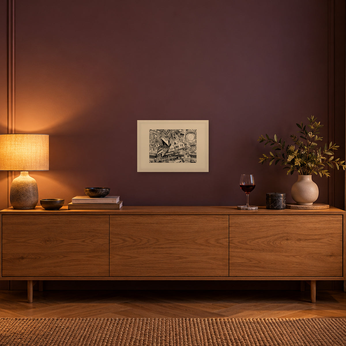 Basel fine art poster A3 landscape in a white wood frame with passepartout above an oak sideboard in evening light