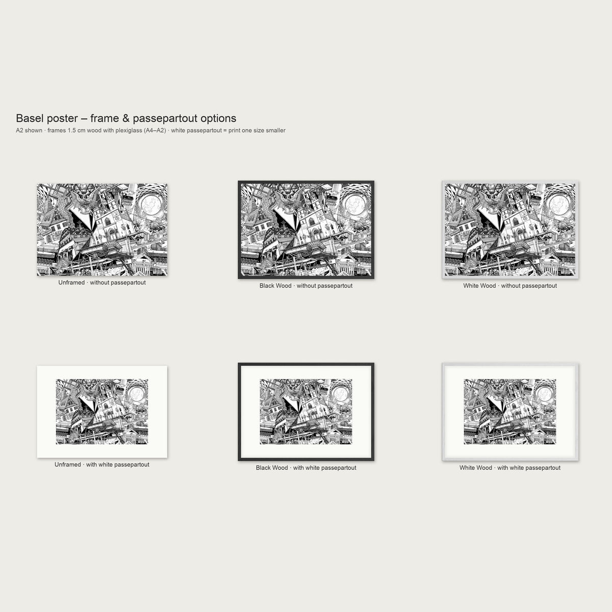 Frame and passepartout options for the Basel landscape poster: unframed, black wood or white wood, with or without white passepartout