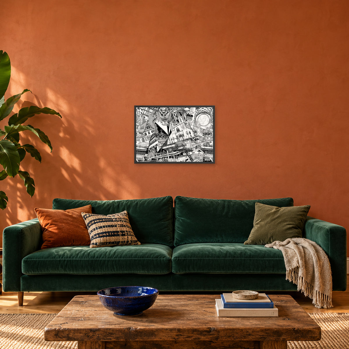 Basel fine art poster A2 landscape in a black wood frame above a green velvet sofa in a terracotta living room