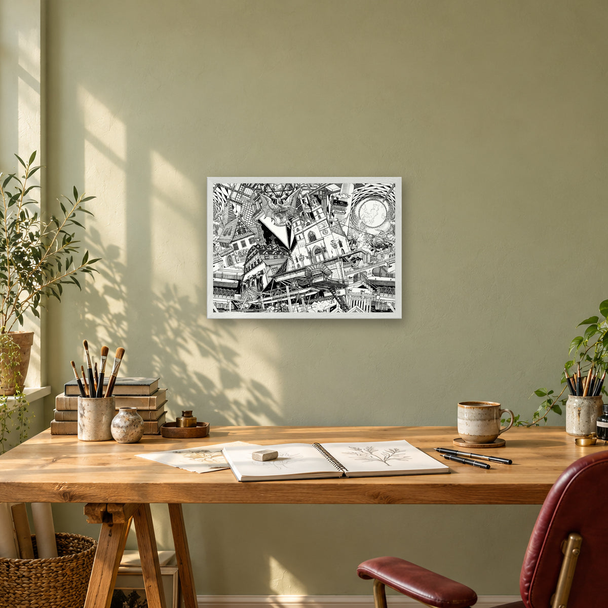 Basel fine art poster A3 landscape in a white wood frame above a drawing desk in a sage-green studio