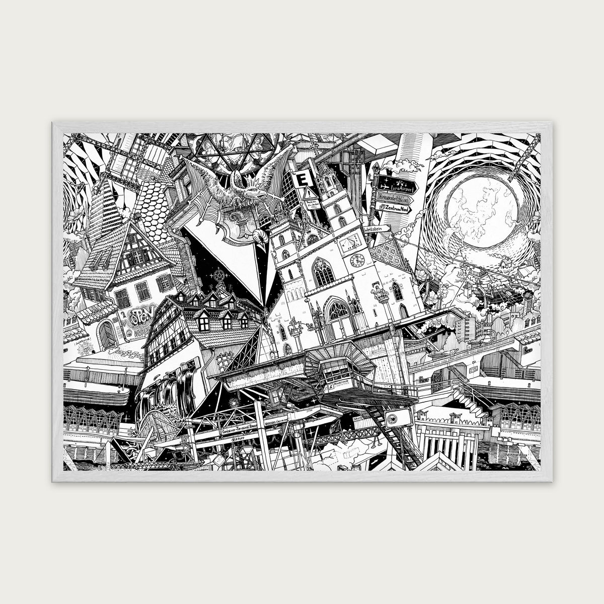 Basel fine art poster landscape in a white wood frame with plexiglass