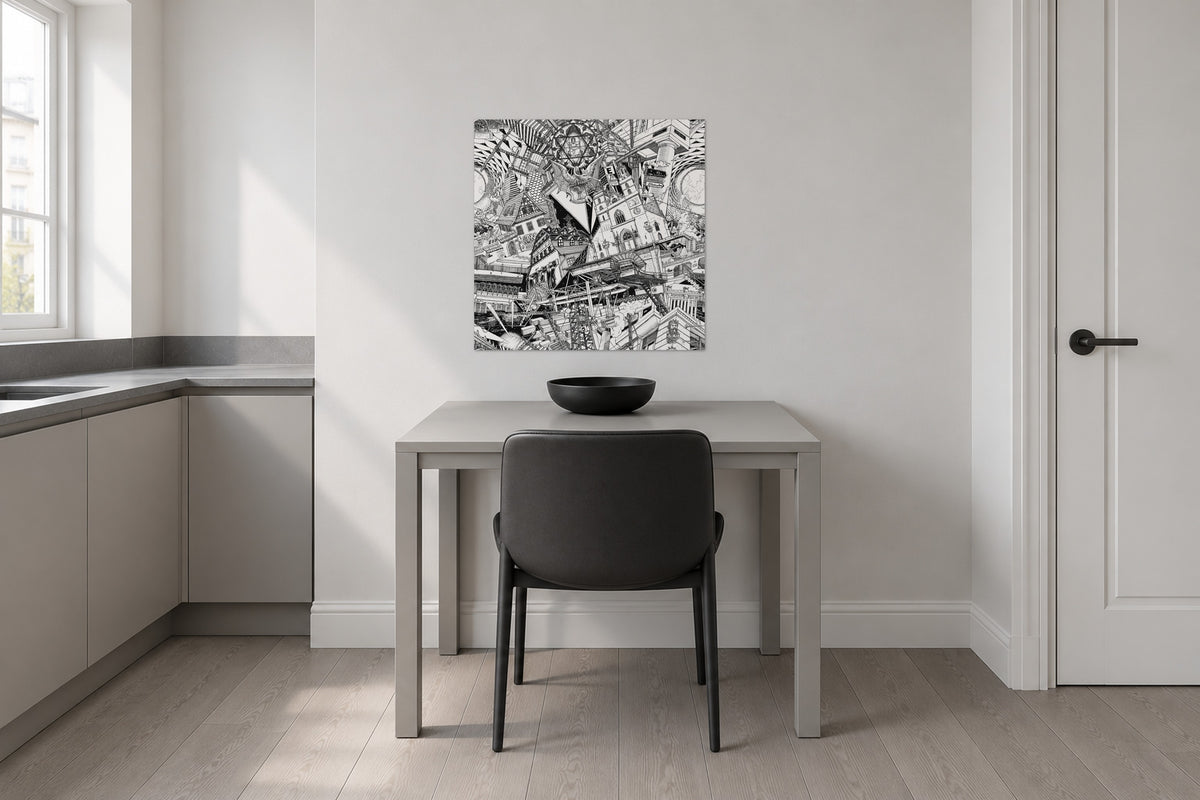 Unframed Basel fine art poster 50 × 50 cm above a small kitchen table