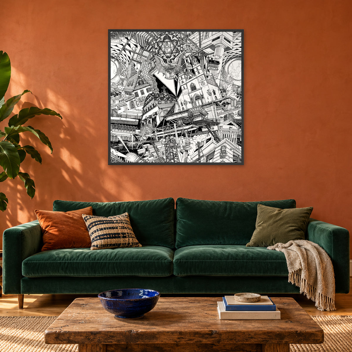 Basel fine art poster 100 × 100 cm in a black wood frame above a green velvet sofa in a terracotta living room