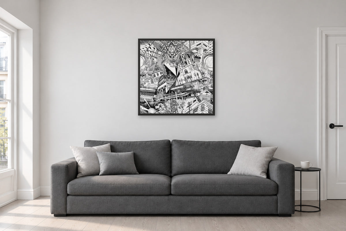 Basel fine art poster 70 × 70 cm in a black wood frame above a sofa