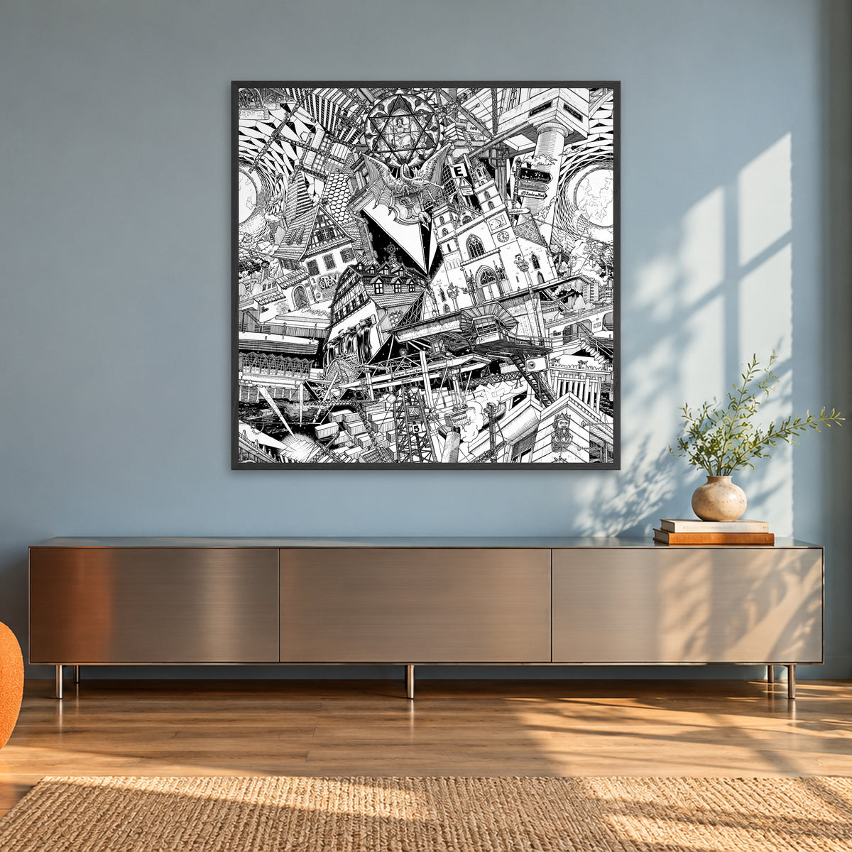 Basel fine art poster 100 × 100 cm in a black wood frame in a sunlit loft with an orange armchair