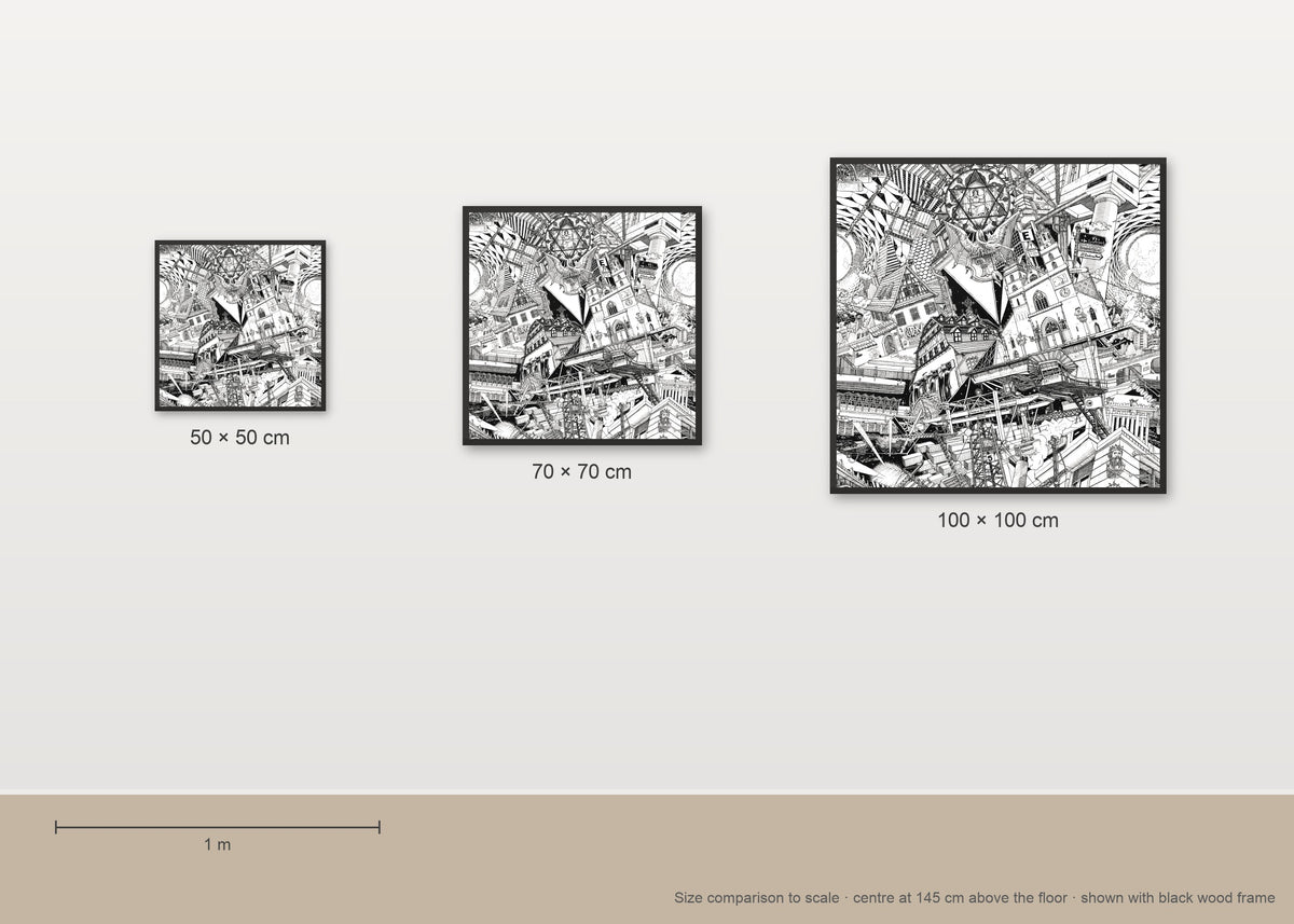 Size comparison of the Basel fine art poster in 50 × 50, 70 × 70 and 100 × 100 cm, to scale on a wall