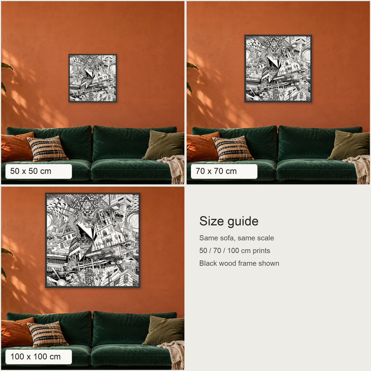 Size guide: Basel fine art poster in 50 × 50, 70 × 70 and 100 × 100 cm above the same sofa, to scale