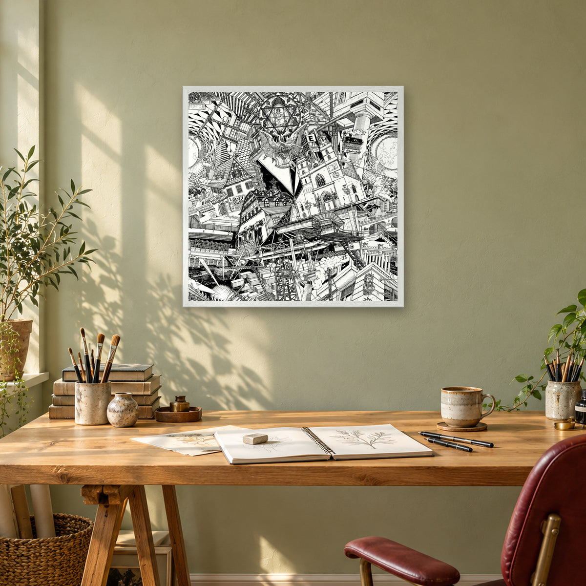 Basel fine art poster 50 × 50 cm in a white wood frame above a drawing desk in a sage-green studio