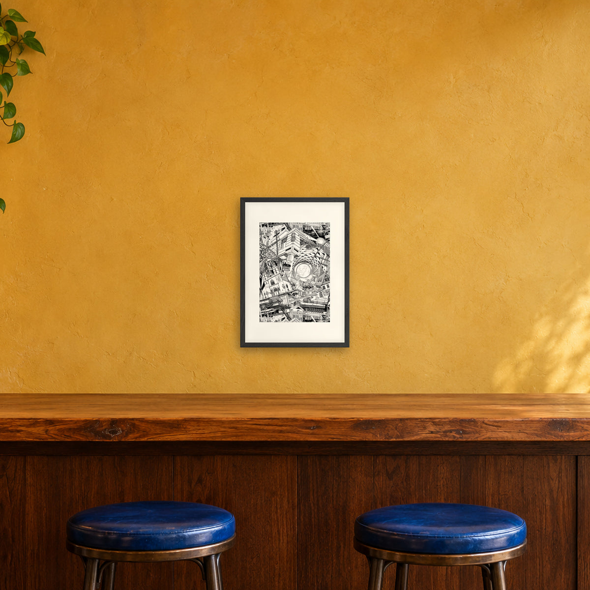 Basel fine art poster A3 portrait in a black wood frame with white passepartout above a café bar counter