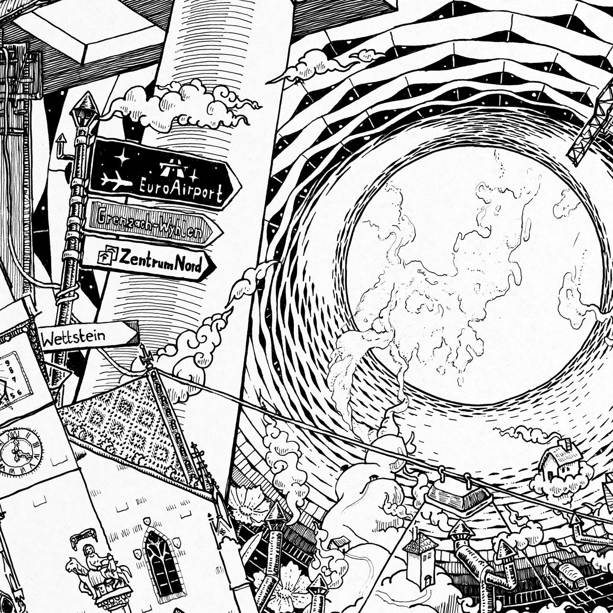 Close-up of the Basel pen and ink drawing printed on matte 230 g/m² fine art paper