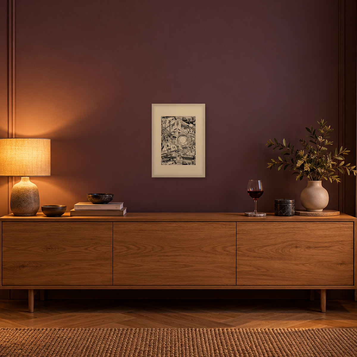 Basel fine art poster A3 portrait in a white wood frame with passepartout above an oak sideboard in evening light