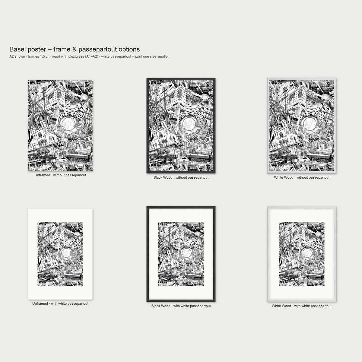 Frame and passepartout options for the Basel portrait poster: unframed, black wood or white wood, with or without white passepartout
